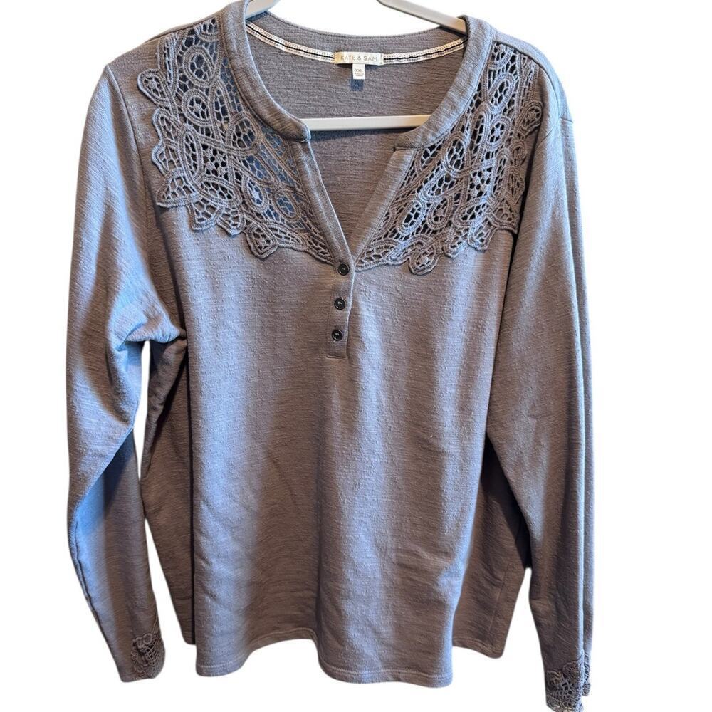 Kate & Sam Gray Long Sleeve 3 Button V-Neck Lace Top Shirt Sz XXL